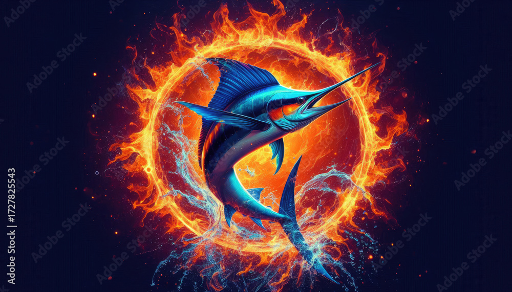 Fototapeta premium Powerful Atlantic blue marlin leaps with sun burst on fiery orange canvas. Ideal for sport fishing apparel, tees, souvenirs, showcasing athletic fishing