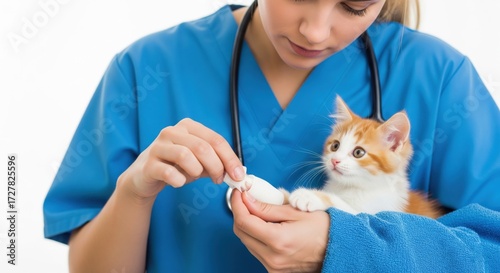 Veterinarian carefully bandages the paw of an adorable orange and white kitten, offering comfort and care in a clinic, while the kitten gazes attentively around .
