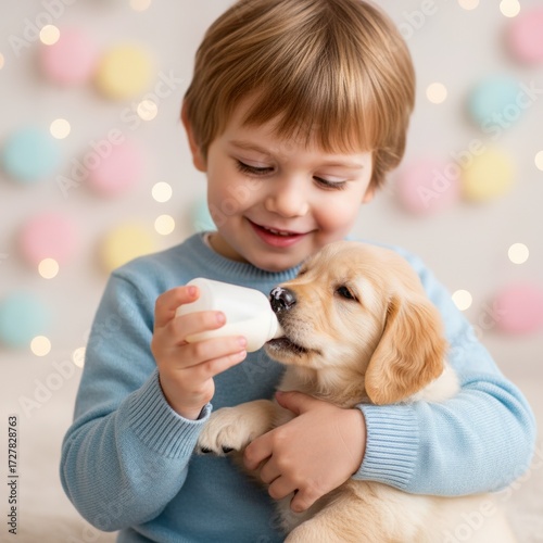 A heartwarming scene of a young boy tenderly feeding a cute golden retriever puppy from a bottle, creating a precious moment filled with love and care in a softly lit ambiance .
