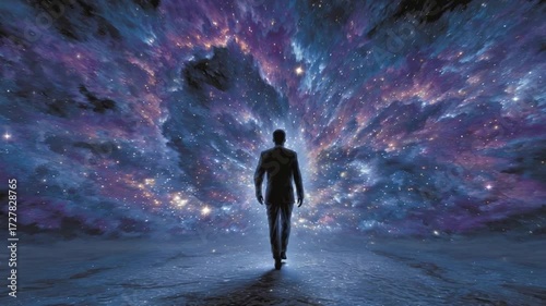 Conceptual journey to the cosmos, man walking into a majestic nebula galaxy, universe exploration