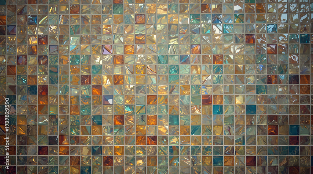 Fototapeta premium Mosaic Tiles: A close-up view showcasing an array of tiny, square mosaic tiles, meticulously arranged in a harmonious mosaic. A beautiful display of detail and elegance.