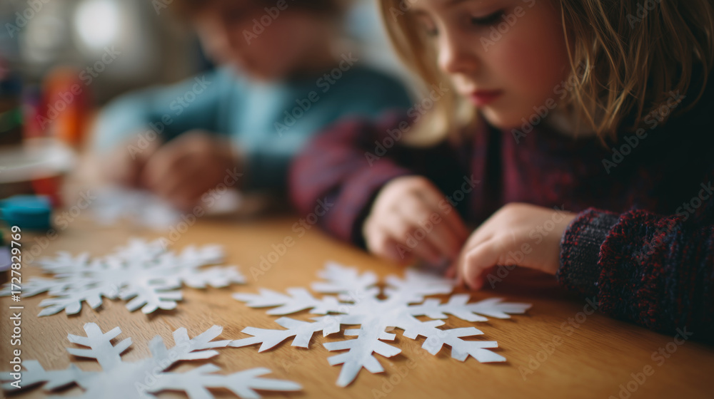 Fototapeta premium A cozy winter scene of kids doing a creative holiday craft together, creating paper snowflakes