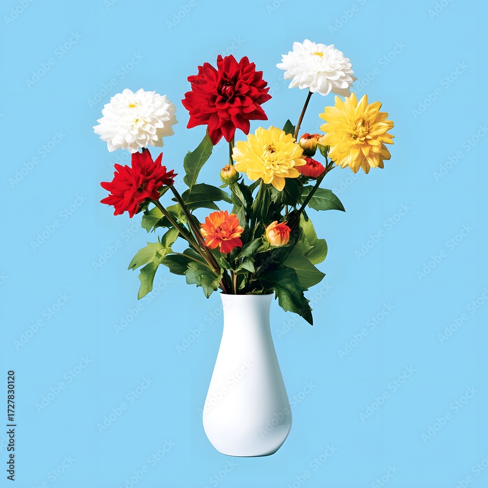 Obraz premium Vibrant Dahlia Bouquet in White Vase Minimalist Floral Still Life Photography