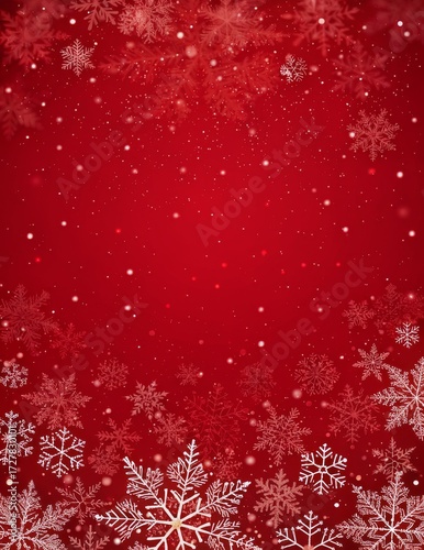 Beautiful red christmas background with white snowflakes and snow decoration
