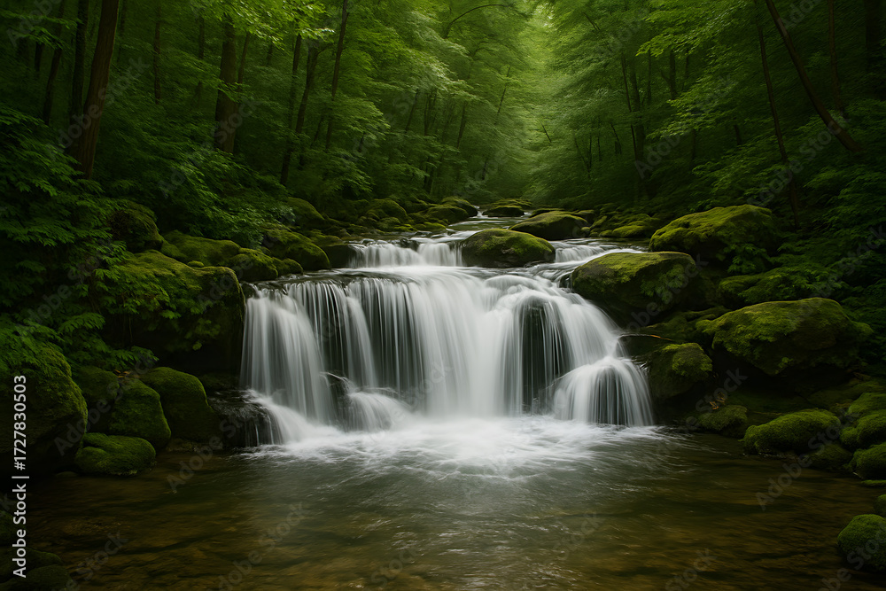 Fototapeta premium Soothing Waterfall in Lush Green Forest