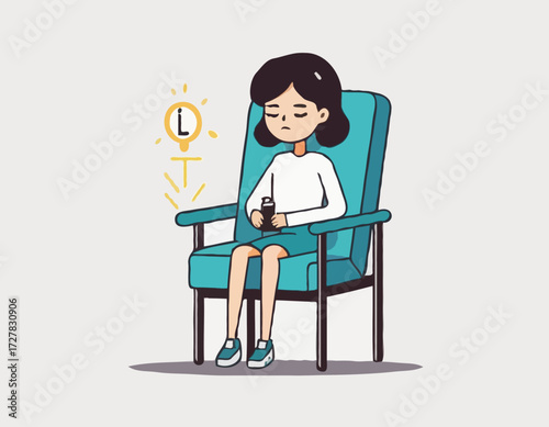 A young female exhausted character sitting in a chair with a low battery indicator above