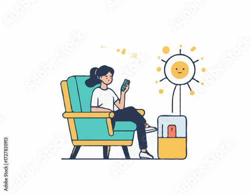 A young female exhausted character sitting in a chair with a low battery indicator above