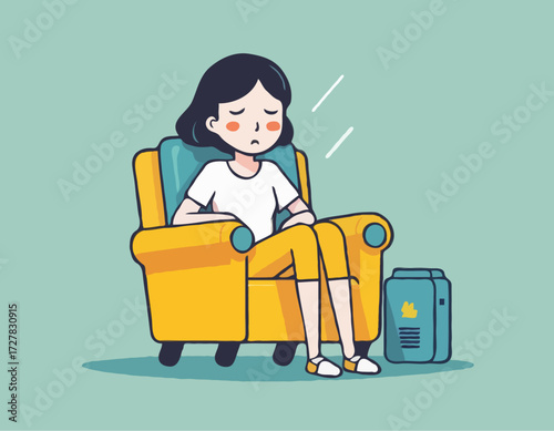 A young female exhausted character sitting in a chair with a low battery indicator above