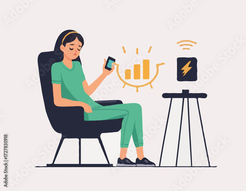 A young female exhausted character sitting in a chair with a low battery indicator above