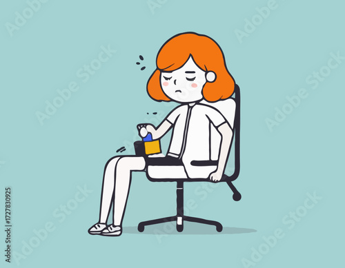 A young female exhausted character sitting in a chair with a low battery indicator above