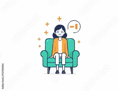 A young female exhausted character sitting in a chair with a low battery indicator above