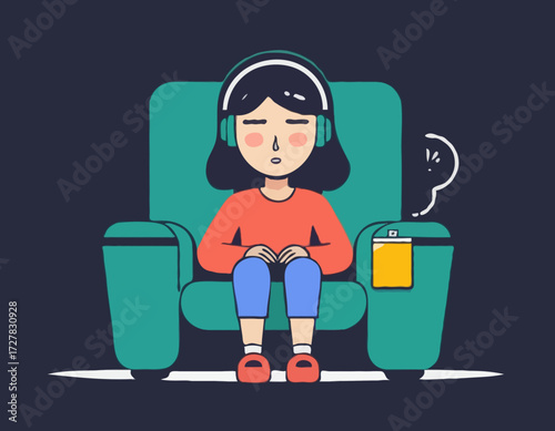 A young female exhausted character sitting in a chair with a low battery indicator above