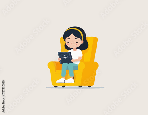 A young female exhausted character sitting in a chair with a low battery indicator above