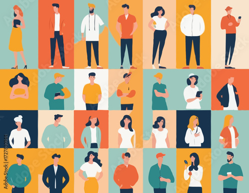 Set of flat vector characters in different poses. Young adults. Lifestyle illustration. Flat editable vector, clip art