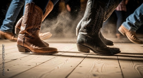 Energetic country dancers stomp and slide on a dusty wooden floor wearing classic brown cowboy boots and blue denim jeans during a lively western folk dance event.