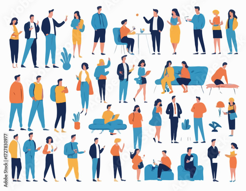 Set of flat vector characters in different poses. Young adults. Lifestyle illustration. Flat editable vector, clip art