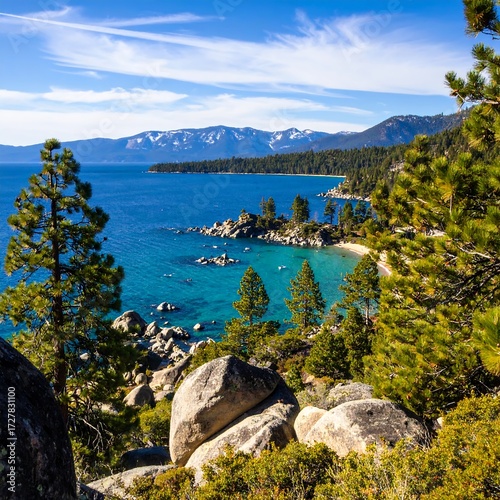 Scenic lake vista with pine trees and mountains