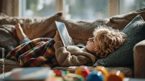 Young boy lies on a cozy sofa under a warm blanket, looking in a tablet as afternoon light fills the living room