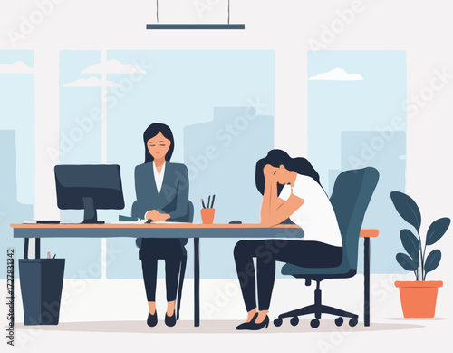 Professional burnout. Young exhausted female manager sitting at the office. Long working day. Millennials at work. Flat editable vector illustration, clip art