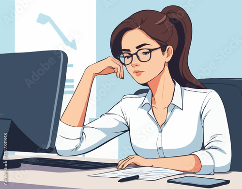 Professional burnout. Young exhausted female manager sitting at the office. Long working day. Millennials at work. Flat editable vector illustration, clip art