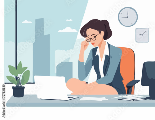Professional burnout. Young exhausted female manager sitting at the office. Long working day. Millennials at work. Flat editable vector illustration, clip art