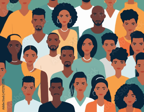 Black community, african people gathered together, a set of male and female characters wearing casual clothes and different hairstyles