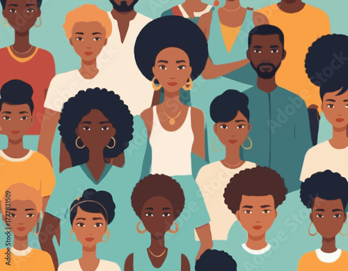 Black community, african people gathered together, a set of male and female characters wearing casual clothes and different hairstyles