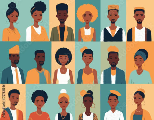 Black community, african people gathered together, a set of male and female characters wearing casual clothes and different hairstyles