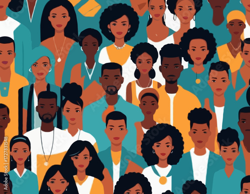 Black community, african people gathered together, a set of male and female characters wearing casual clothes and different hairstyles