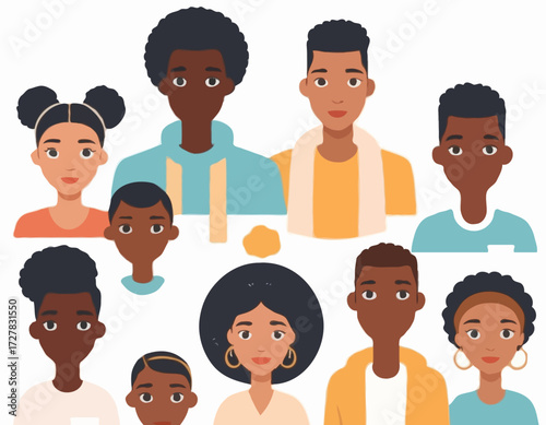 Black community, african people gathered together, a set of male and female characters wearing casual clothes and different hairstyles