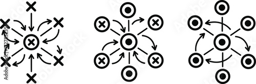 Abstract diagrams illustrating interconnected nodes and directional flow, representing network concepts and relationships
