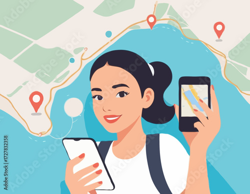 Young female character using a navigational app. Map and geo tag. Millennials and devices. Flat editable vector illustration, clip art