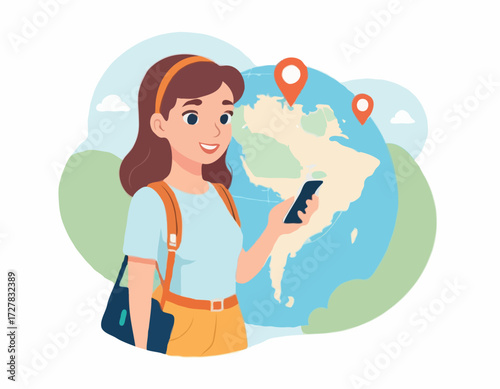 Young female character using a navigational app. Map and geo tag. Millennials and devices. Flat editable vector illustration, clip art