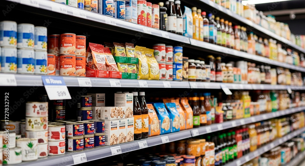 Fototapeta premium Supermarket Shelf Display with Unidentifiable Product Brands and Logos