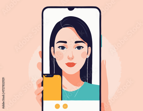 A portrait of a young female character on a mobile screen, millennial lifestyle, gadgets, online video call