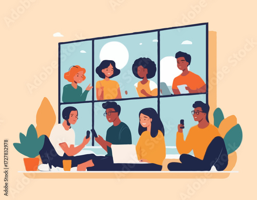 Group video call, virtual window frames, a diverse group of young characters gathering together online