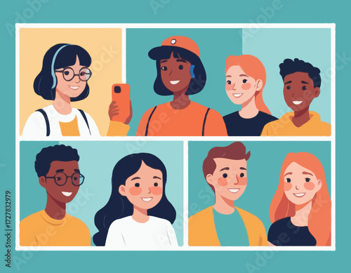 Group video call, virtual window frames, a diverse group of young characters gathering together online