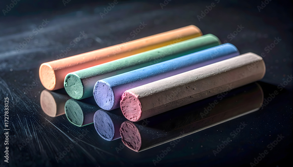 Fototapeta premium Colorful Pastel Chalk Sticks on Reflective Surface in Dramatic Light