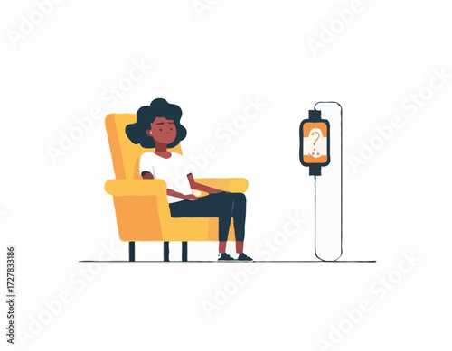 A young female Black exhausted character sitting in a chair with a low battery indicator above