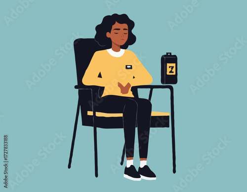 A young female Black exhausted character sitting in a chair with a low battery indicator above