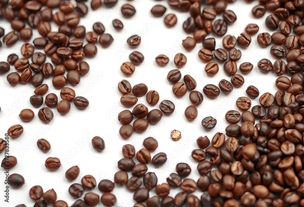 Obraz premium Close-up of scattered coffee beans on white background, creating an organic texture, beverage, grain