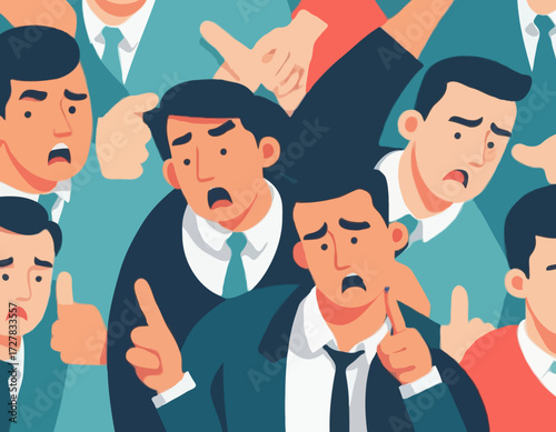 Bullying. Pointing fingers. Haters. Crowd. Sad character hugging his knees. Aggression. Modern society. Flat editable vector illustration, clip art