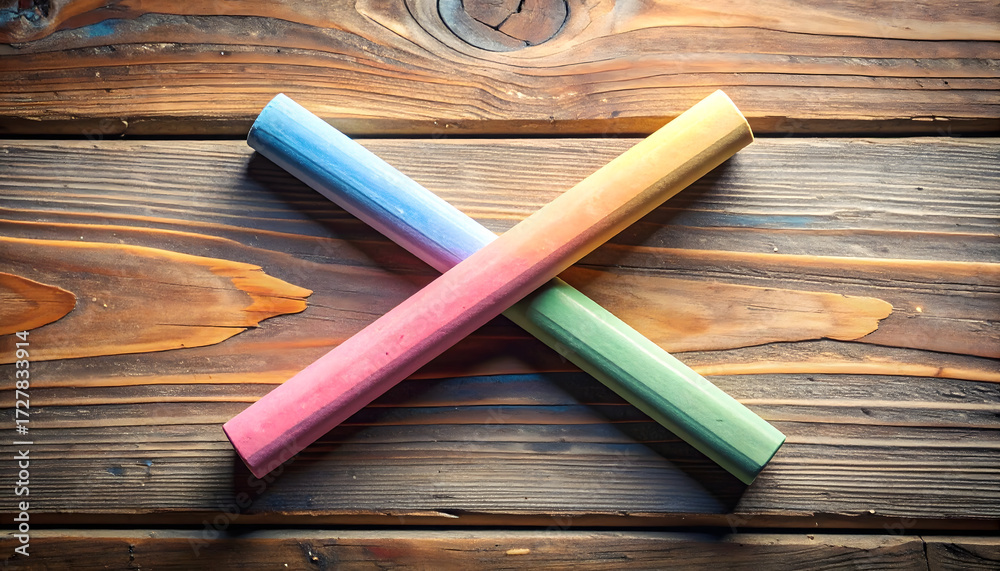 Obraz premium Colorful Chalk Sticks Crossed on Rustic Wooden Surface