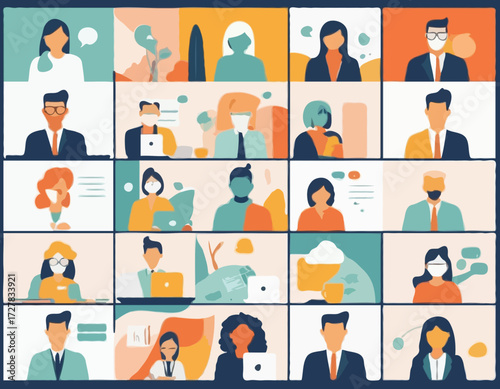 Video call conference, working from home, social distancing, business discussion, colleagues sharing materials