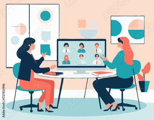 Video call conference, working from home, social distancing, business discussion, colleagues sharing materials