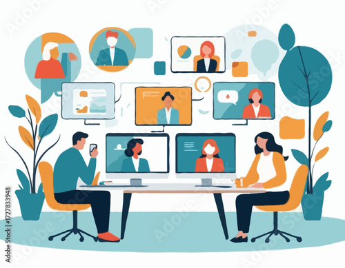 Video call conference, working from home, social distancing, business discussion, colleagues sharing materials