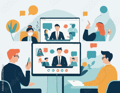 Video call conference, working from home, social distancing, business discussion, colleagues sharing materials