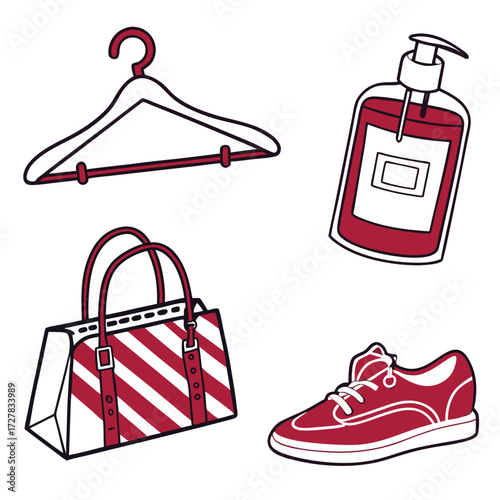 A collection of essential travel and personal care items including a clothes hanger a red and white striped duffel bag a red liquid soap dispenser and a red sneaker on a white background
