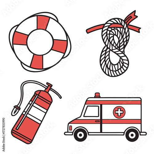 A collection of essential safety and emergency equipment icons including a life preserver a coiled rope with a ribbon a fire extinguisher and an ambulance vehicle