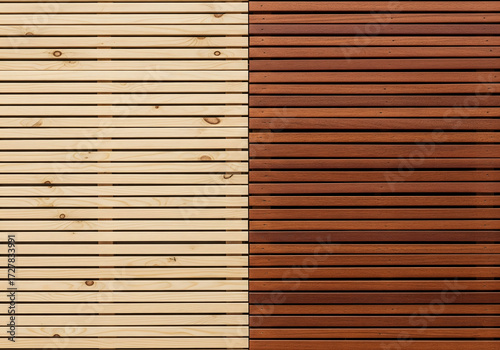 Wallpaper Mural A texture shot of a wood slat wall is divided vertically into two halves: the left side features light, natural wood and the right side features dark, rich brown wood. Generative AI. Torontodigital.ca